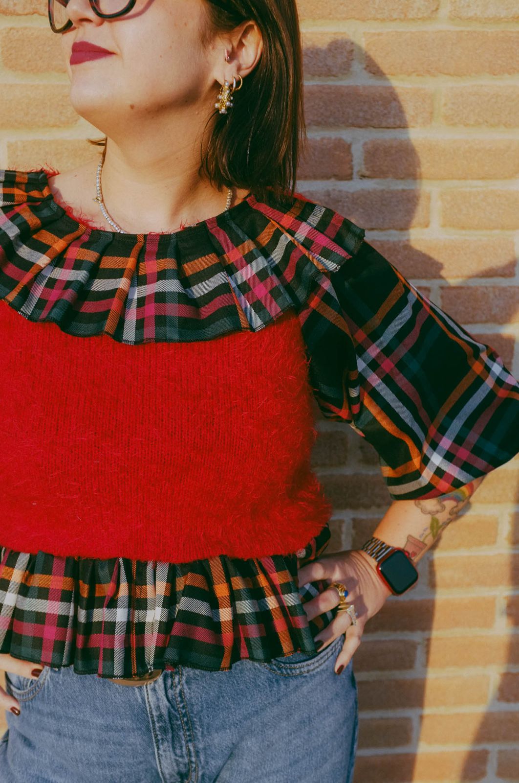 Upcycling- Maglione rosso e tartan