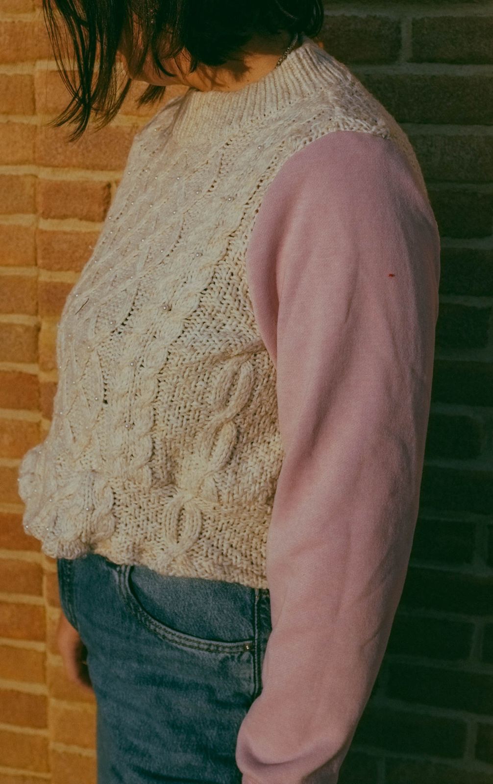 Upcycling-Maglione panna e felpa rosa