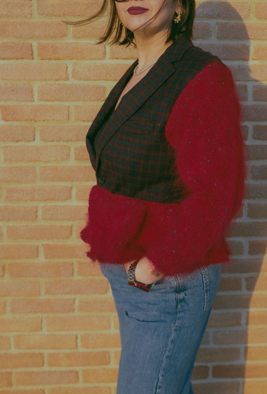 Upcycling-Giacca in lana e maglione rosso