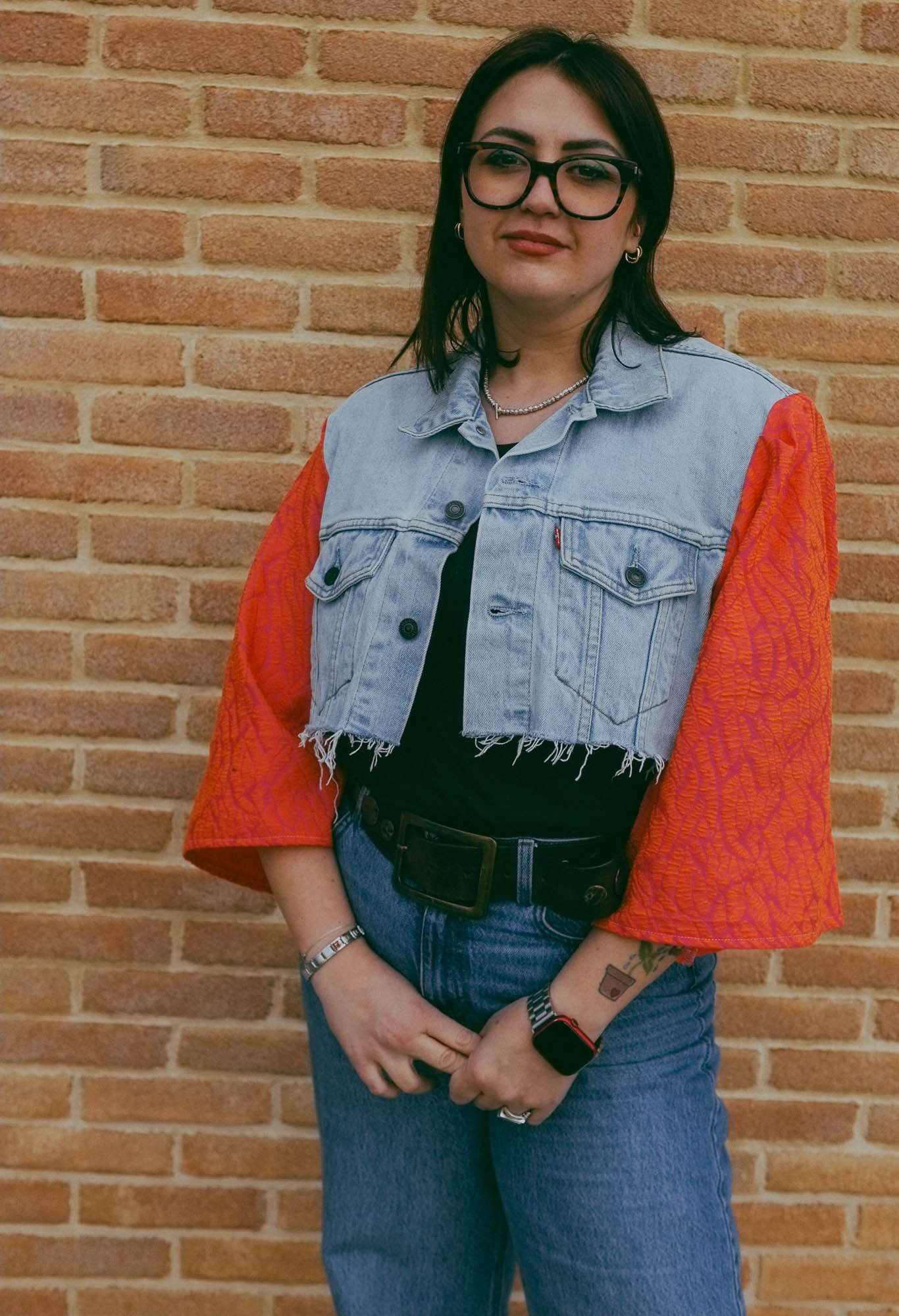 Upcycling-Giacca di jeans Levi's con maniche damascate