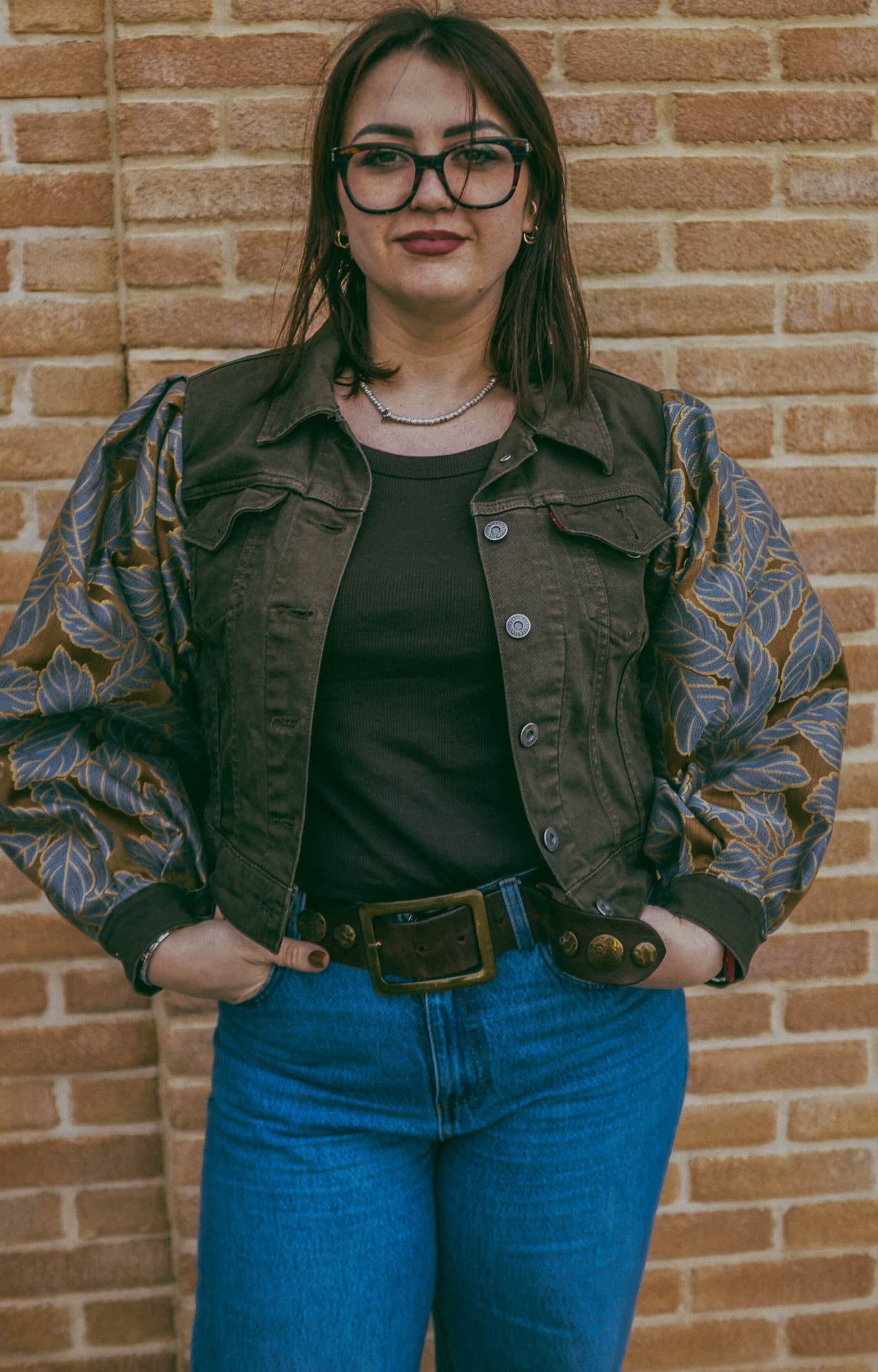 Upcycling-Giacca di jeans verdone  Levi's con maniche damascate