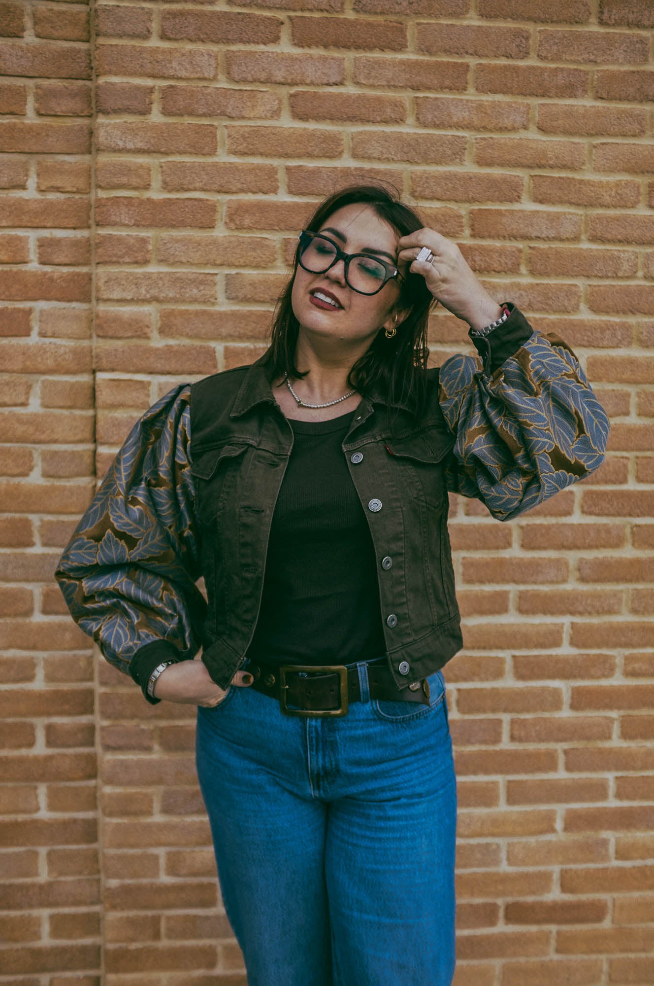 Upcycling-Giacca di jeans verdone  Levi's con maniche damascate