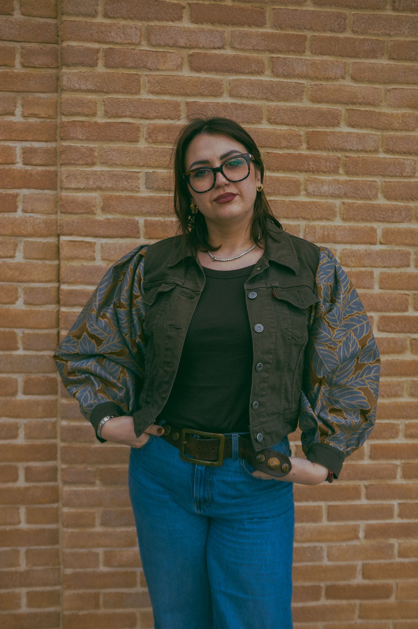 Upcycling-Giacca di jeans verdone  Levi's con maniche damascate