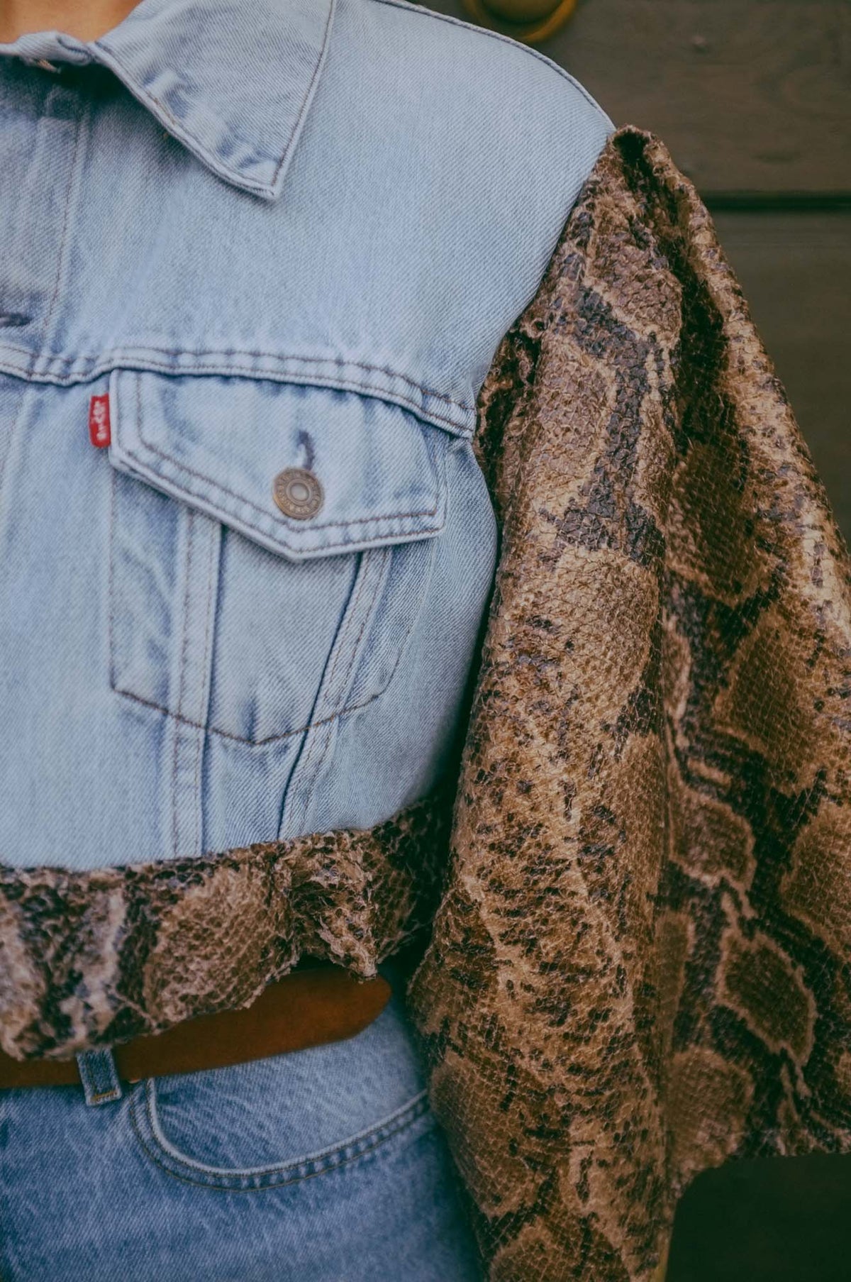 Upcycling-Giacca di jeans Levi's con maniche pitonate